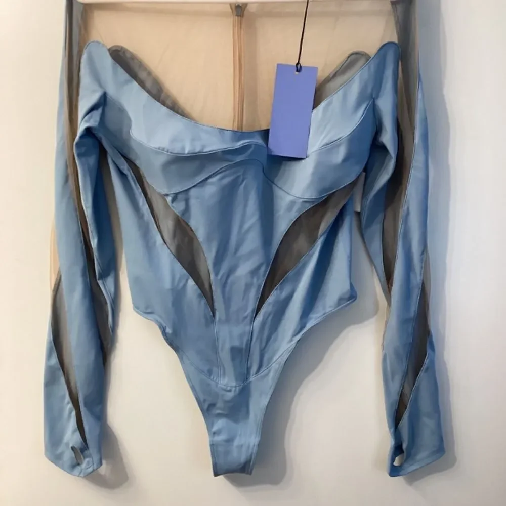 Mugler Illusion Cutout Bodysuit –‎ Light Blue Mesh, Size 8 | NWT